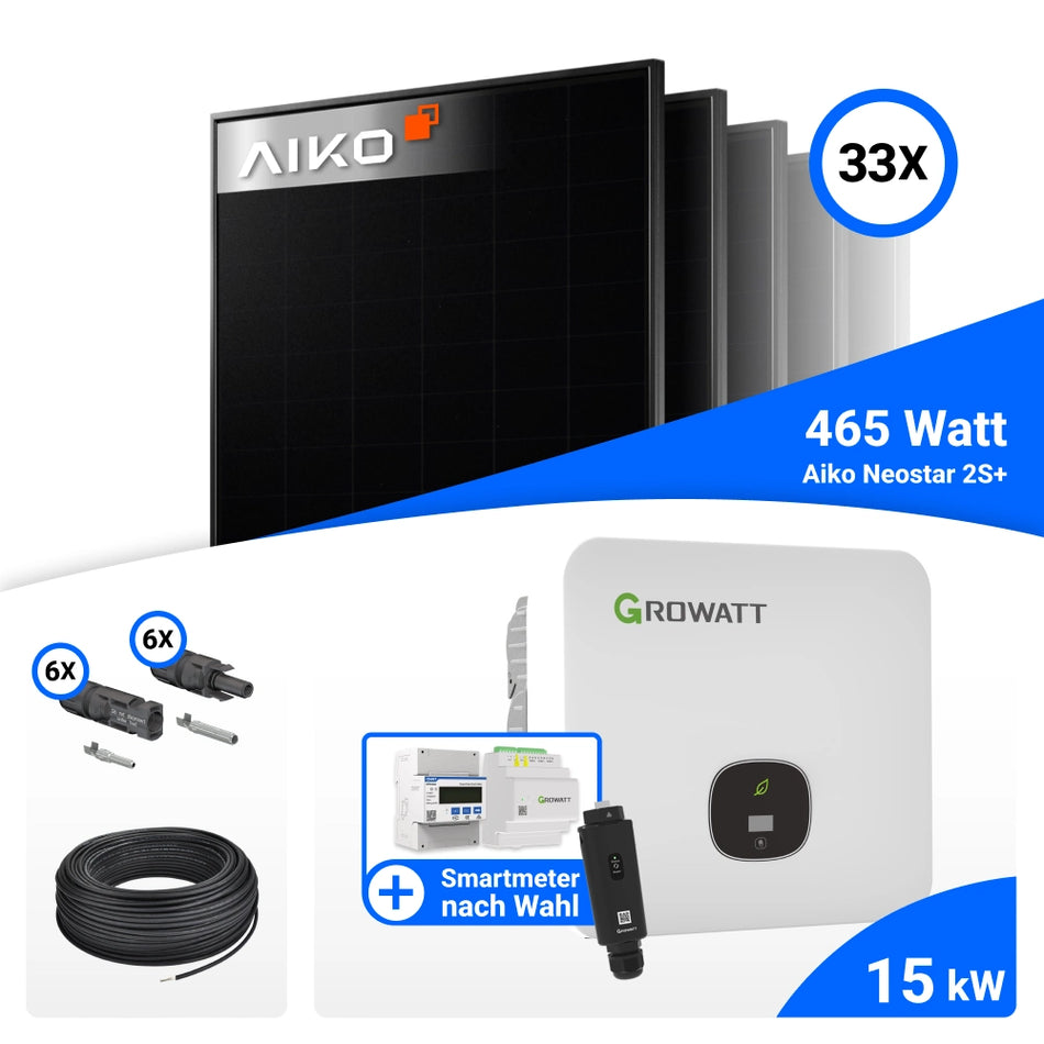 PV Komplettset 15 kWp – 33x AIKO 465W Full Black & Growatt MOD 15KTL3-HU mit Speicheroption