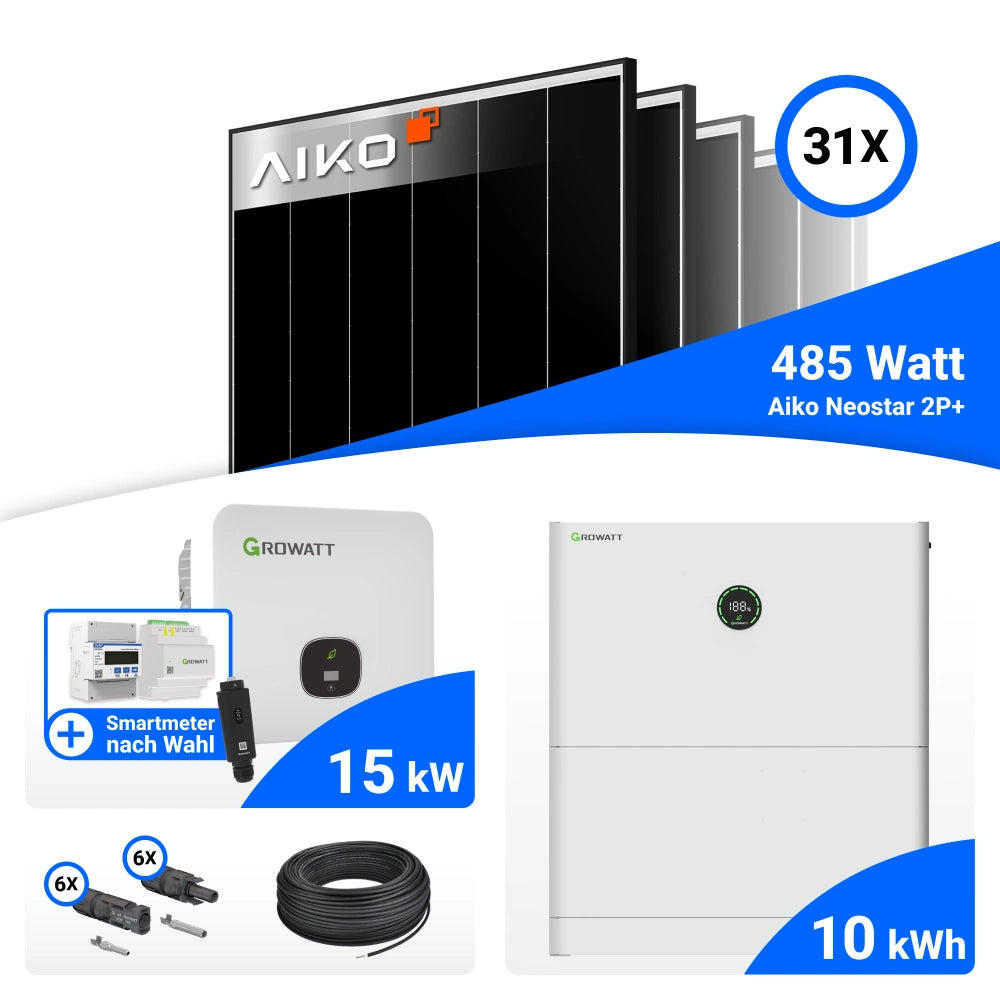 PV Komplettset 15 kWp mit AIKO 485W Black Frame Solarmodulen und Growatt MOD15KTL3-HU Wechselrichter