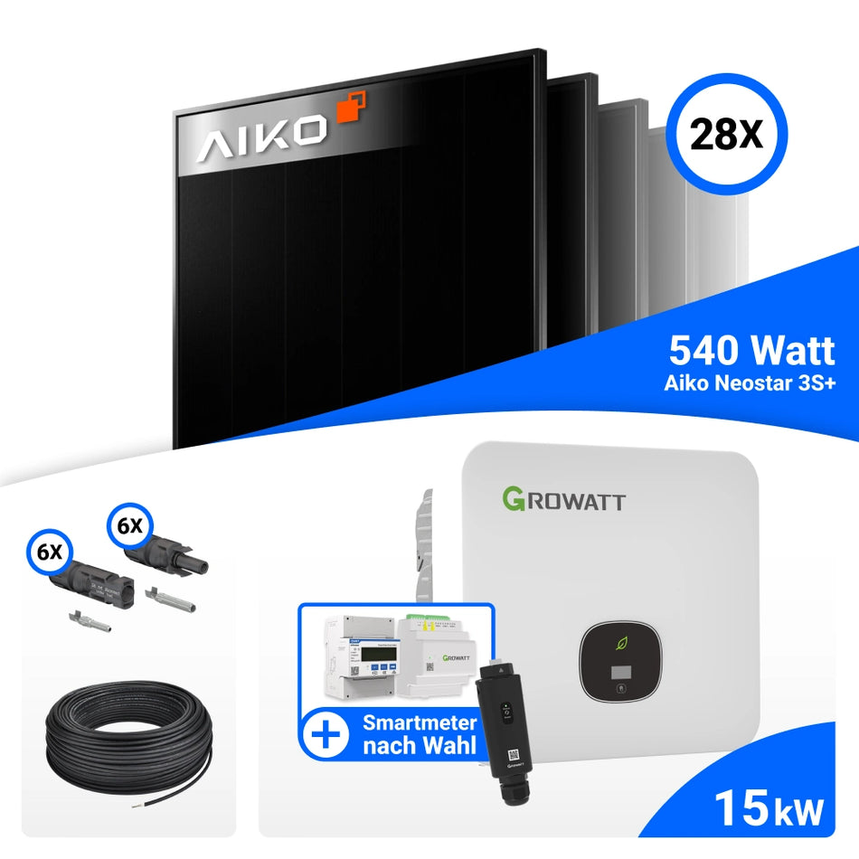 PV Komplettset 15 kWp – 28x AIKO 540W Full Black & Growatt MOD 15KTL3-HU mit Speicheroption