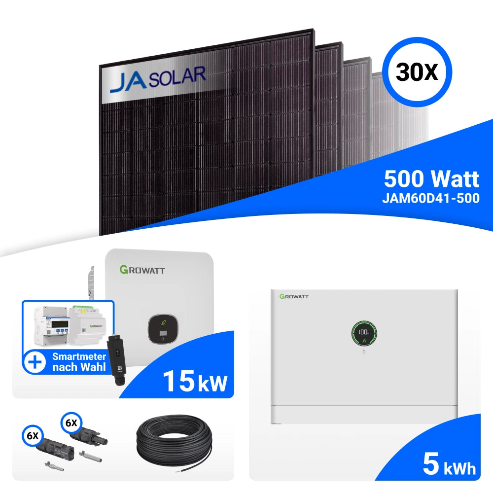 PV-Komplettset 15 kWp mit 30 JA Solar 500 W Full Black Modulen, Growatt MOD 15KTL3-HU, Growatt GroHomeManager-X und Growatt APX 5.0M-S3 Speicher