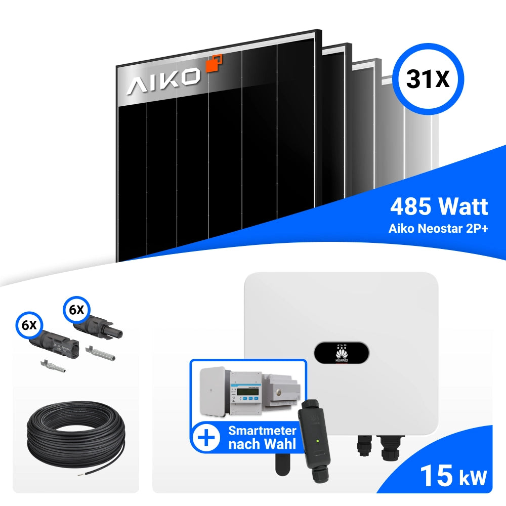 Lieferumfang PV Komplettset 15 kWp mit AIKO 485W Black Frame und Huawei SUN2000-15K-MB0