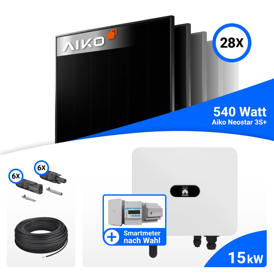 PV Komplettset 15 kWp – 28x AIKO 540W Full Black & Huawei SUN2000-15K-MB0 mit Speicheroption