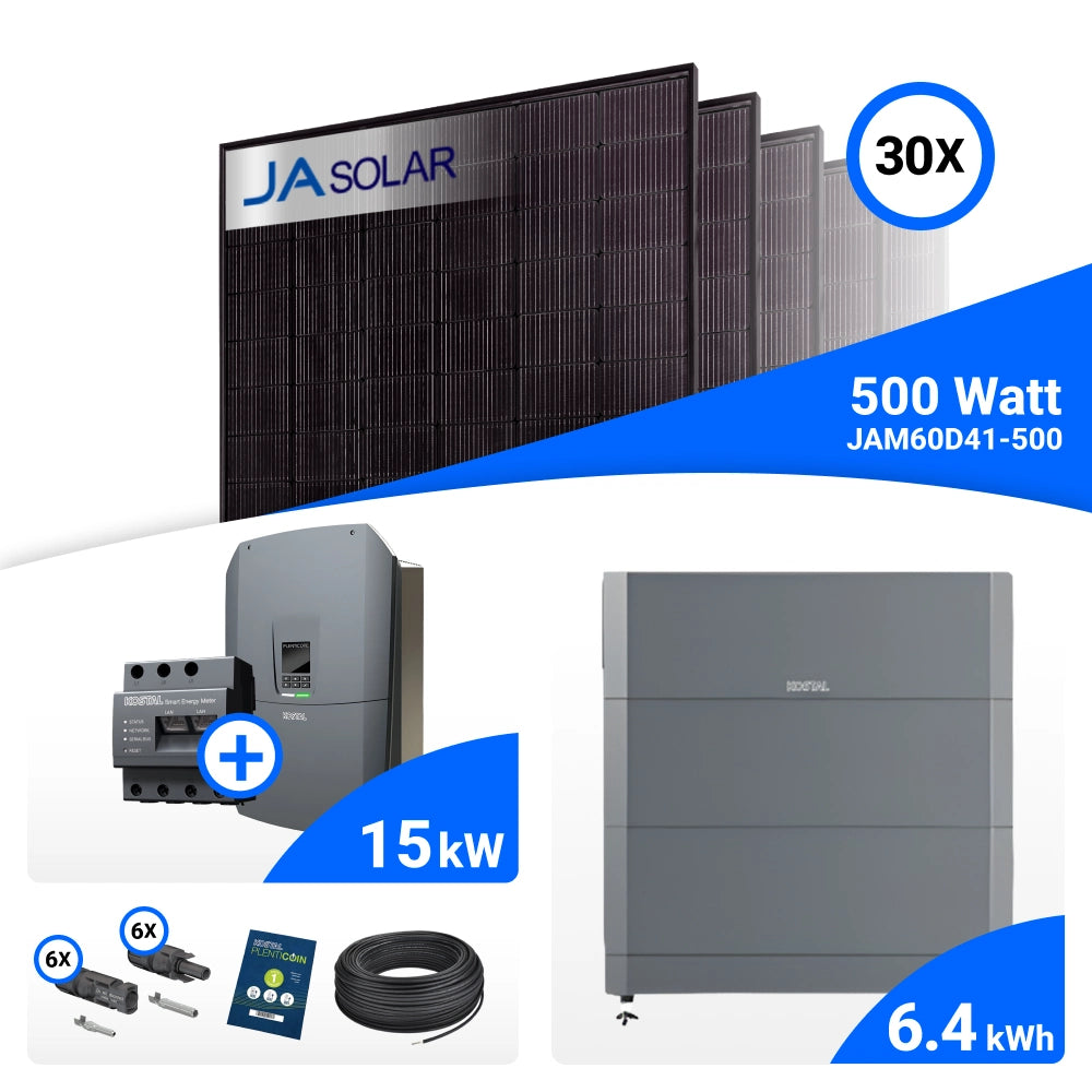 PV-Komplettset 15 kWp mit 30 JA Solar 500 W Full Black Modulen, Kostal Plenticore G3 L und Helivor HV Speicher mit 6,4 kWh