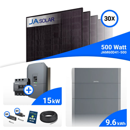 PV-Komplettset 15 kWp mit 30 JA Solar 500 W Full Black Modulen, Kostal Plenticore G3 L und Helivor HV Speicher mit 9,6 kWh