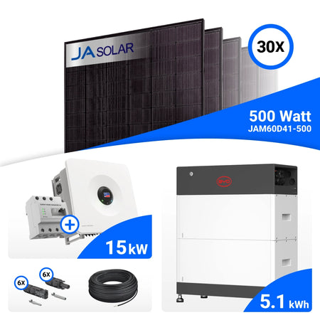 PV-Komplettset 15 kWp mit 30 JA Solar 500 W Full Black Modulen, SMA Sunny Tripower Hybrid X 15.0 und BYD HVS+ Speicher mit 5,1 kWh, ohne Backup