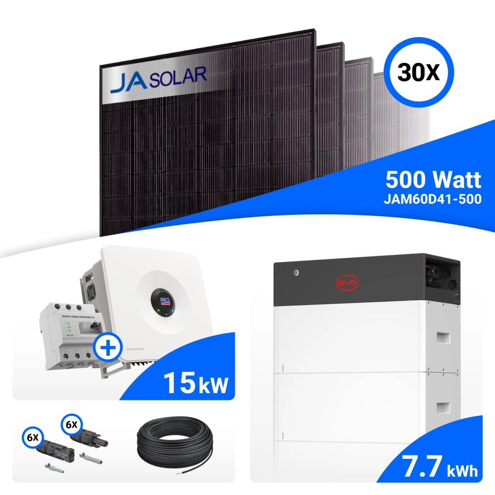 PV-Komplettset 15 kWp mit 30 JA Solar 500 W Full Black Modulen, SMA Sunny Tripower Hybrid X 15.0 und BYD HVS+ Speicher mit 7,7 kWh, ohne Backup