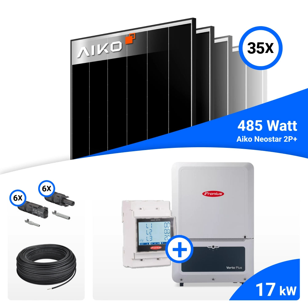 PV-Komplettset mit 35 AIKO 485-W-Solarmodulen, Fronius 17-kW-Wechselrichter mit Smart Meter, Anschlusskabeln und Steckverbindern.