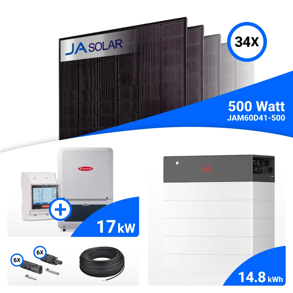 PV-Komplettset 17 kWp mit 34 JA Solar 500 W Full Black Modulen, Fronius Verto Plus 17.5 und BYD HVB Speicher mit 14,8 kWh