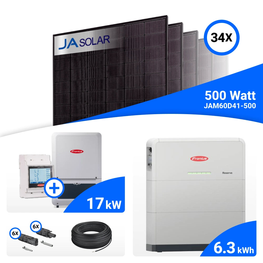 PV-Komplettset 17 kWp mit 34 JA Solar 500 W Full Black Modulen, Fronius Verto Plus 17.5 und Fronius Reserva 6.3 Speicher