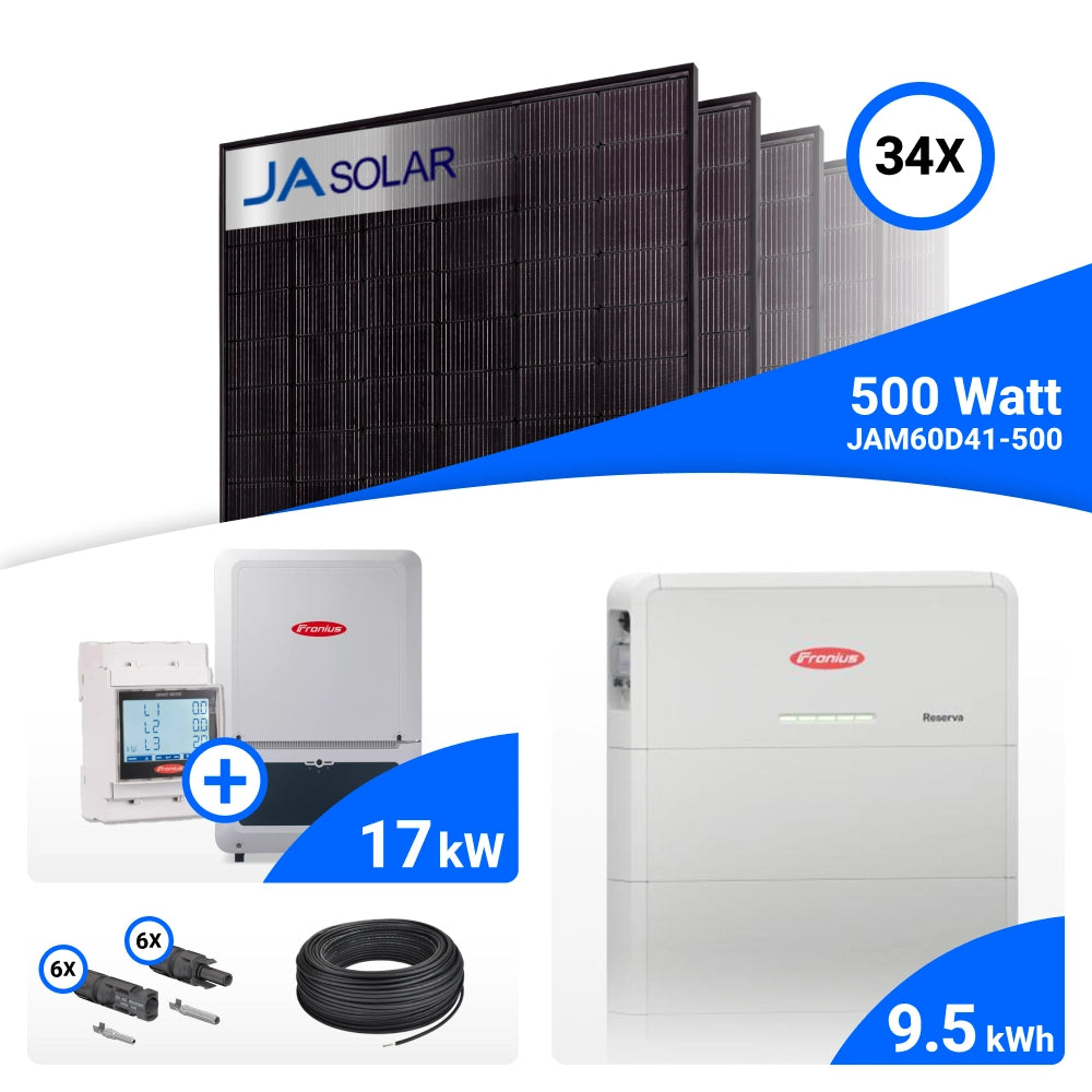 PV-Komplettset 17 kWp mit 34 JA Solar 500 W Full Black Modulen, Fronius Verto Plus 17.5 und Fronius Reserva 9.5 Speicher