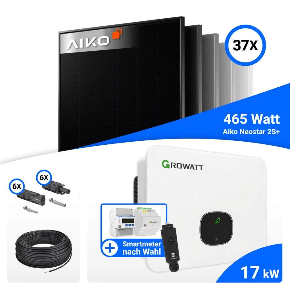 PV Komplettset 17 kWp – 37x AIKO 465W Full Black & Growatt MID17KTL3-XH  mit Speicheroption