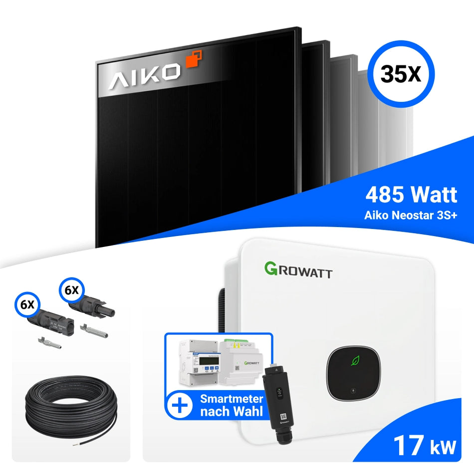 PV Komplettset 17 kWp – 35x AIKO 485W Full Black & Growatt MID17KTL3-XH mit Speicheroption