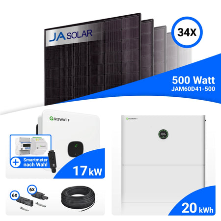 PV-Komplettset 17 kWp mit 34 JA Solar 500 W Full Black Modulen, Growatt MID17KTL3-XH, Growatt Smart Meter TPM-C und Growatt APX 20.0M-S3 Speicher