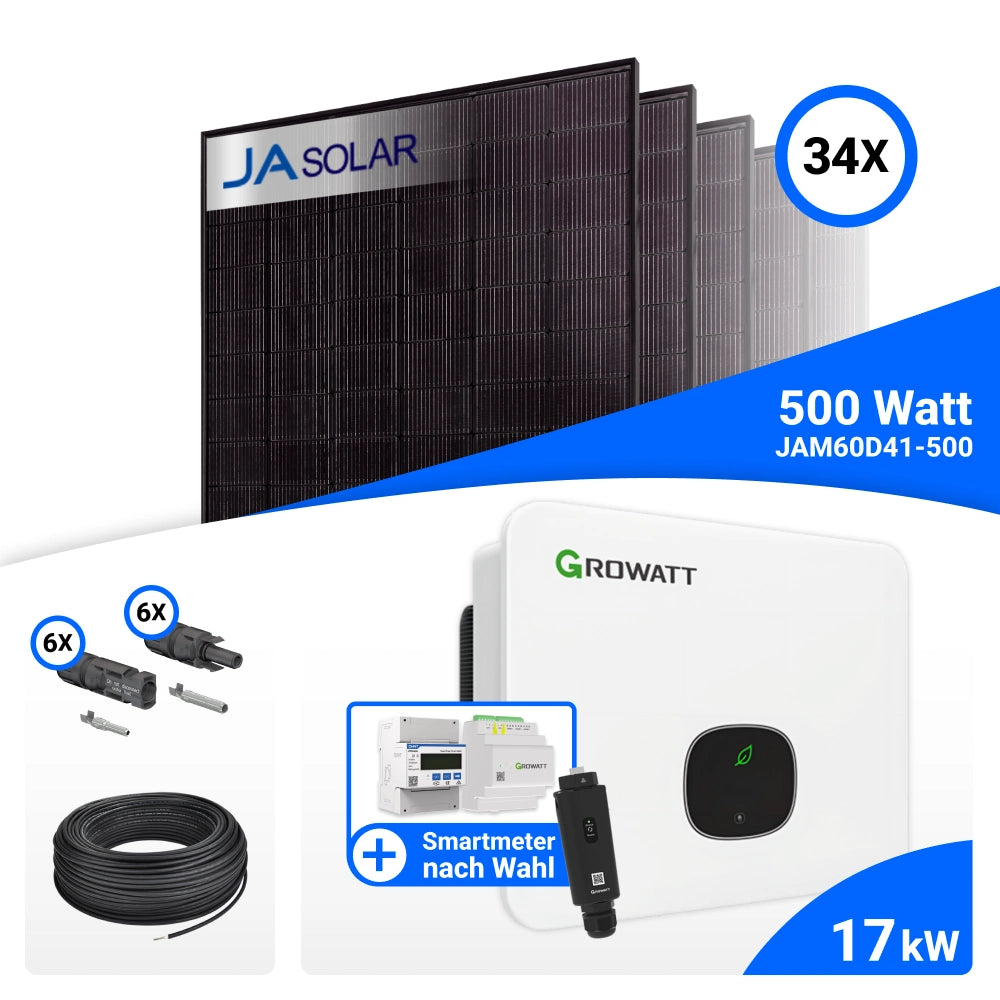 PV-Komplettset 17 kWp mit 34 JA Solar 500 W Full Black Modulen, Growatt MID17KTL3-XH und Growatt GroHomeManager-X, ohne Speicher