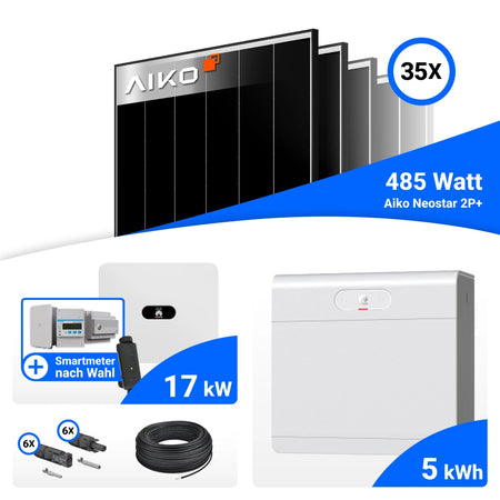 Alle Komponenten PV Komplettset 17 kWp Huawei SUN2000-17K-MB0 und Speicher