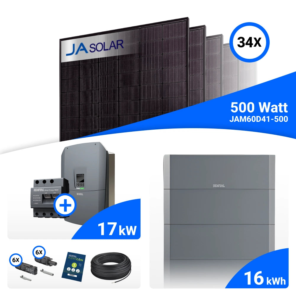 PV-Komplettset 17 kWp mit 34 JA Solar 500 W Full Black Modulen, Kostal PLENTICORE G3 L und Helivor HV Speicher mit 16 kWh