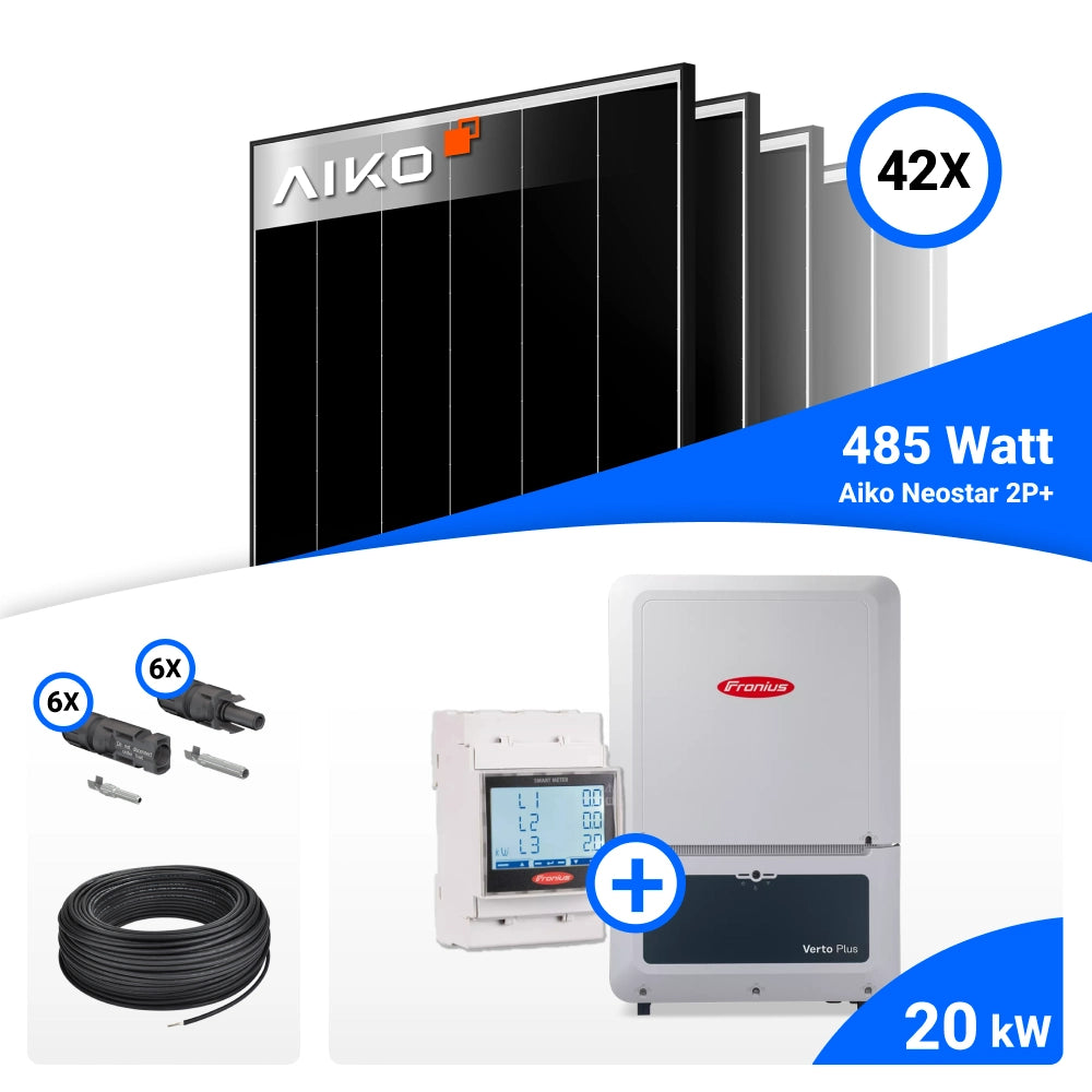 PV-Komplettset mit 42 AIKO 485-W-Solarmodulen, Fronius 20-kW-Wechselrichter mit Smart Meter, Anschlusskabeln und Steckverbindern.