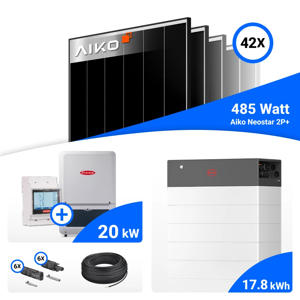 PV-Komplettset mit 42 AIKO 485-W-Solarmodulen, Fronius 20-kW-Wechselrichter mit Smart Meter, BYD 17.8-kWh-Speicher, Anschlusskabeln und Steckverbindern.
