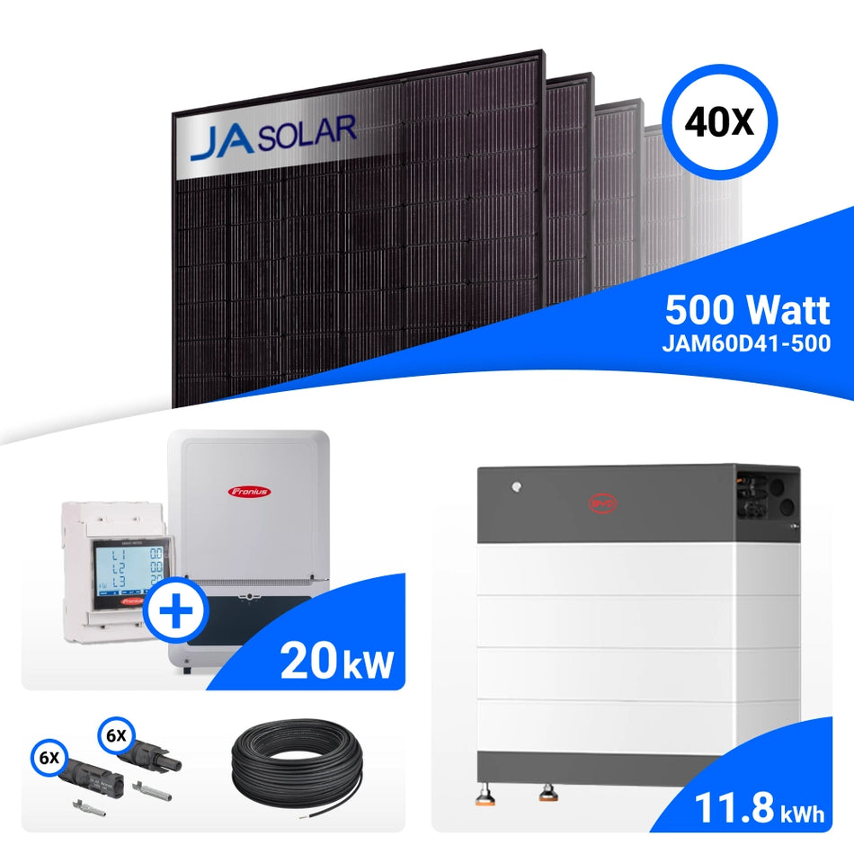 PV-Komplettset 20 kWp mit 40 JA Solar 500 W Full Black Modulen, Fronius Verto Plus 20.0 und BYD HVB Speicher mit 11,8 kWh