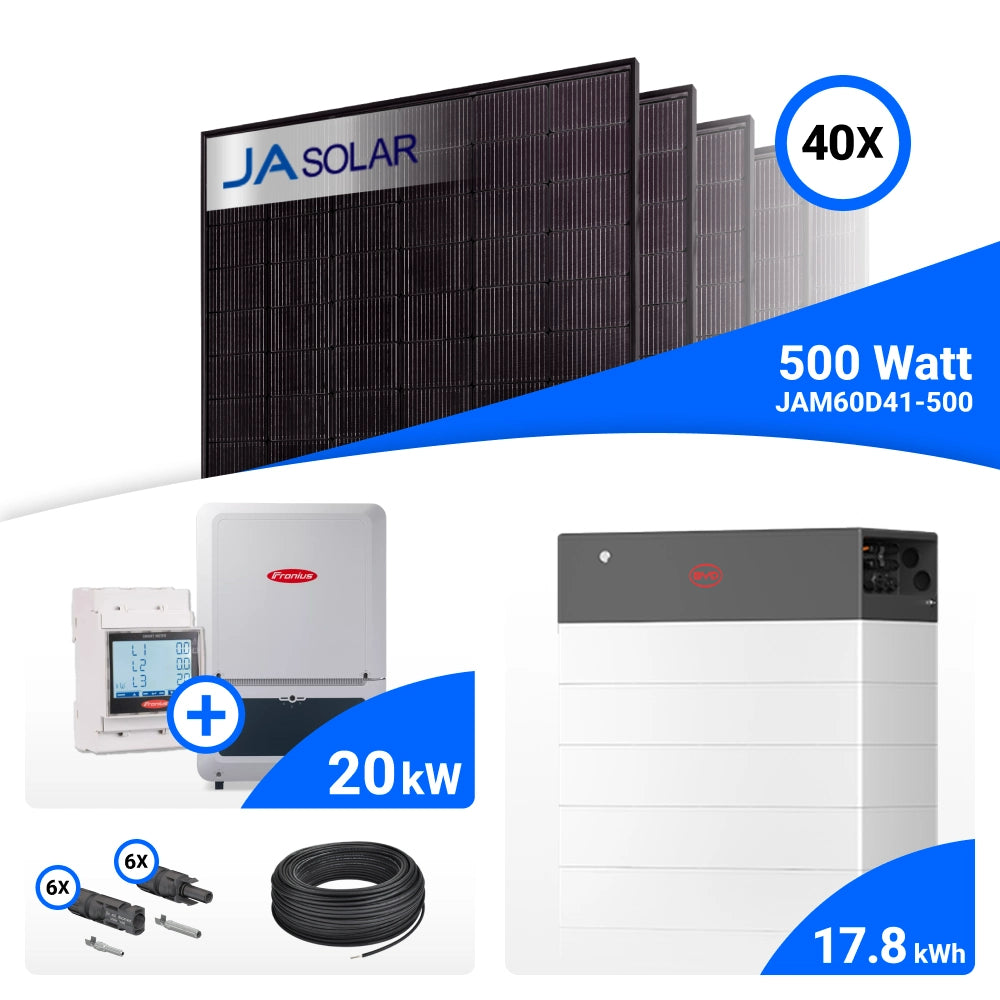 PV-Komplettset 20 kWp mit 40 JA Solar 500 W Full Black Modulen, Fronius Verto Plus 20.0 und BYD HVB Speicher mit 17,8 kWh