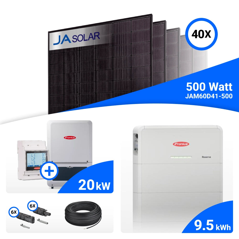 PV-Komplettset 20 kWp mit 40 JA Solar 500 W Full Black Modulen, Fronius Verto Plus 20.0 und Fronius Reserva 9.5 Speicher
