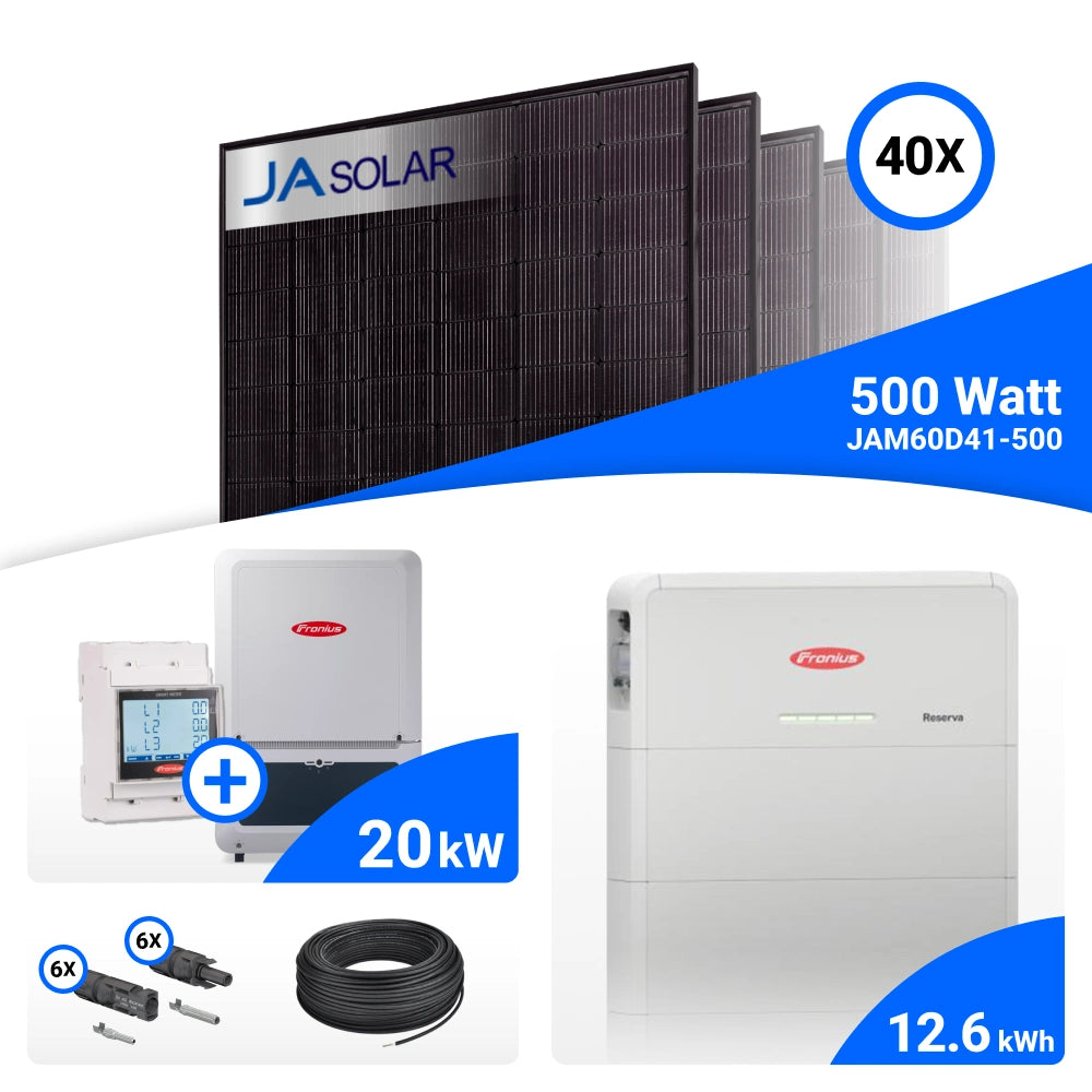 PV-Komplettset 20 kWp mit 40 JA Solar 500 W Full Black Modulen, Fronius Verto Plus 20.0 und Fronius Reserva 12.6 Speicher