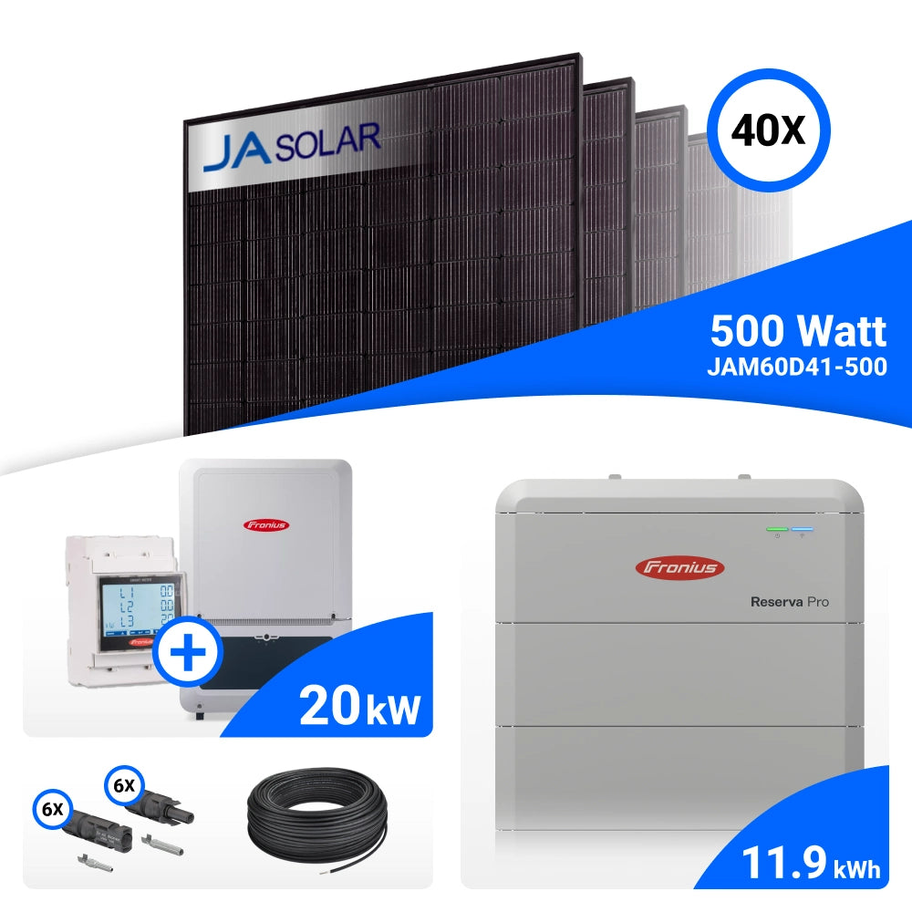 PV-Komplettset 20 kWp mit 40 JA Solar 500 W Full Black Modulen, Fronius Verto Plus 20.0 und Fronius Reserva Pro 12.0 Speicher