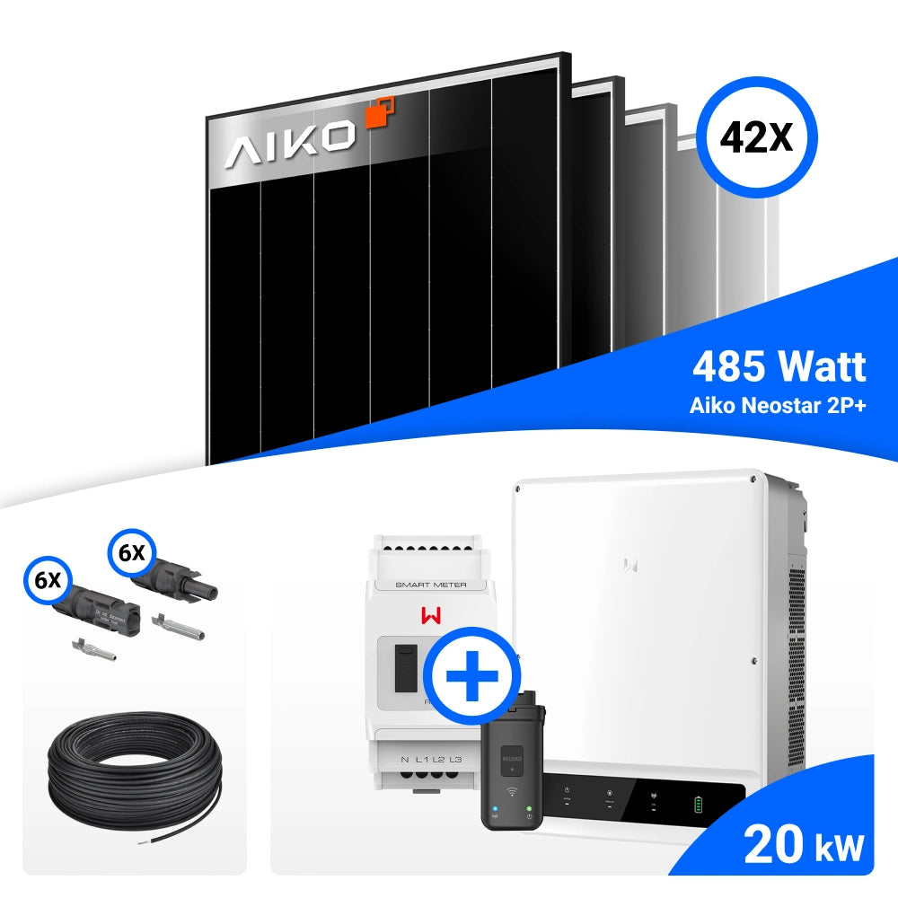 PV-Komplettset mit 42 AIKO 485-W-Solarmodulen, GoodWe 20-kW-Wechselrichter mit Smart Meter, Anschlusskabeln und Steckverbindern.