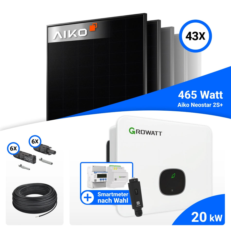 PV Komplettset 20 kWp – 43x AIKO 465W Full Black & Growatt MID20KTL3-XH  mit Speicheroption