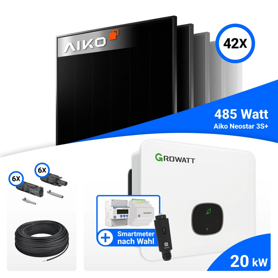 PV Komplettset 20 kWp – 42x AIKO 485W Full Black & Growatt MID20KTL3-XH mit Speicheroption