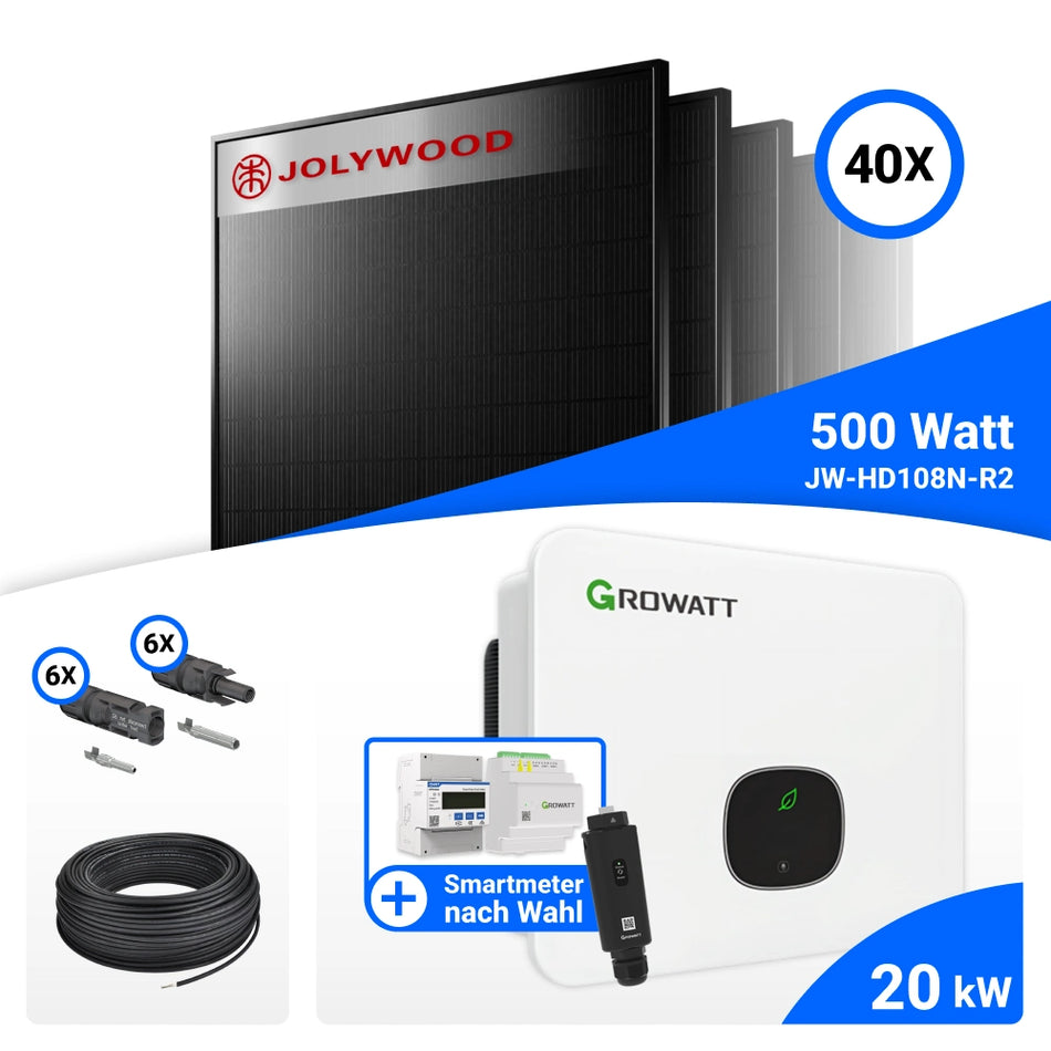 PV Komplettset 20 kWp – 40x Jolywood 500W Full Black & Growatt MID20KTL3-XH mit Speicheroption