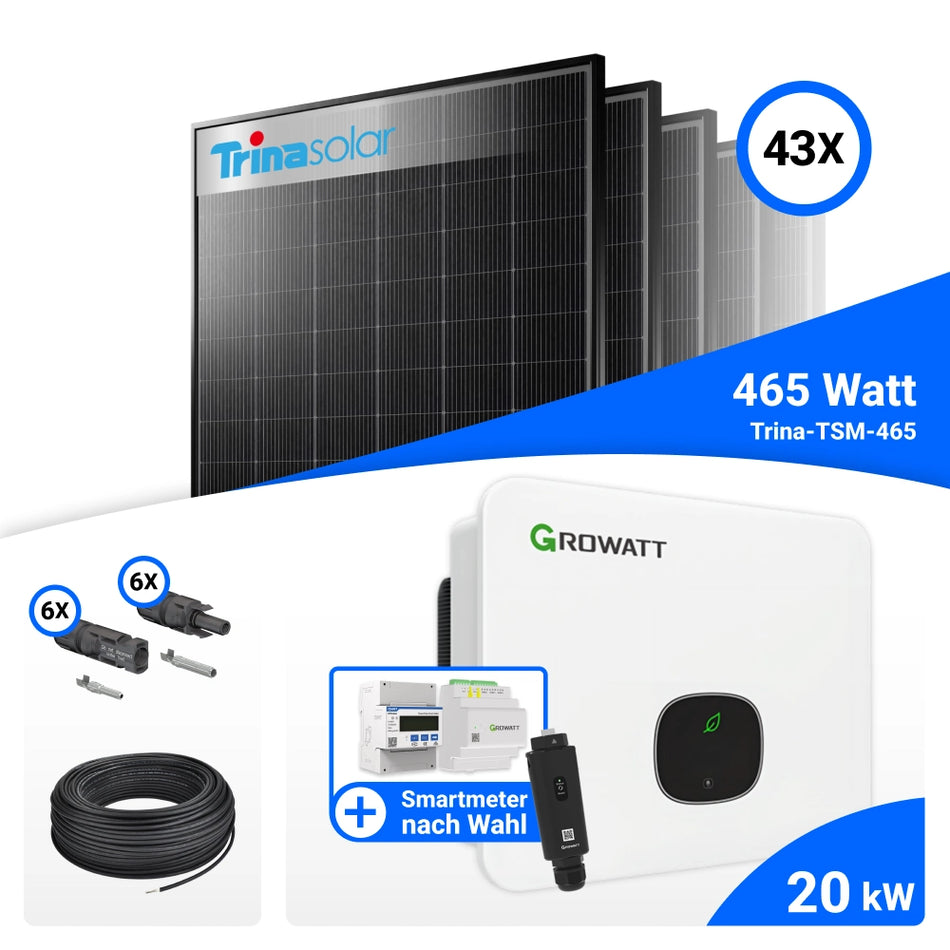 PV Komplettset 20 kWp – 43x Trina 465W Black Frame & Growatt MID20KTL3-XH mit Speicheroption