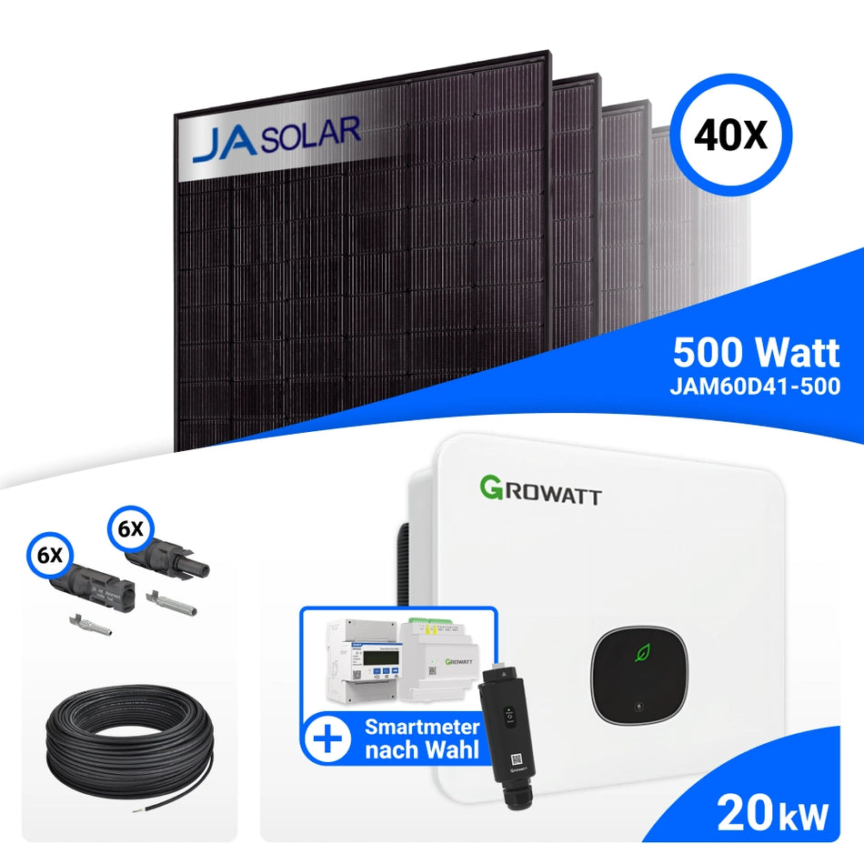 PV-Komplettset 20 kWp mit 40 JA Solar 500 W Full Black Modulen, Growatt MID20KTL3-XH und Growatt Smart Meter TPM-C, ohne Speicher