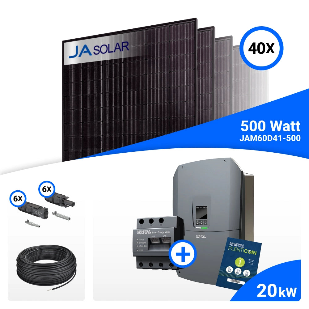PV-Komplettset 20 kWp mit 40 JA Solar 500 W Full Black Modulen und Kostal Plenticore G3 L, ohne Speicher