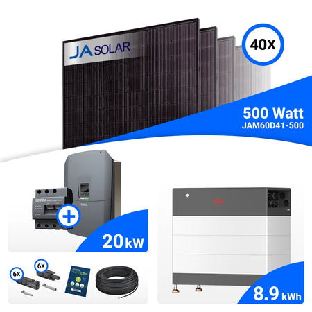 PV-Komplettset 20 kWp mit 40 JA Solar 500 W Full Black Modulen, Kostal Plenticore G3 L und BYD HVB Speicher mit 8,9 kWh