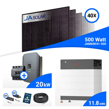 PV-Komplettset 20 kWp mit 40 JA Solar 500 W Full Black Modulen, Kostal Plenticore G3 L und BYD HVB Speicher mit 11,8 kWh