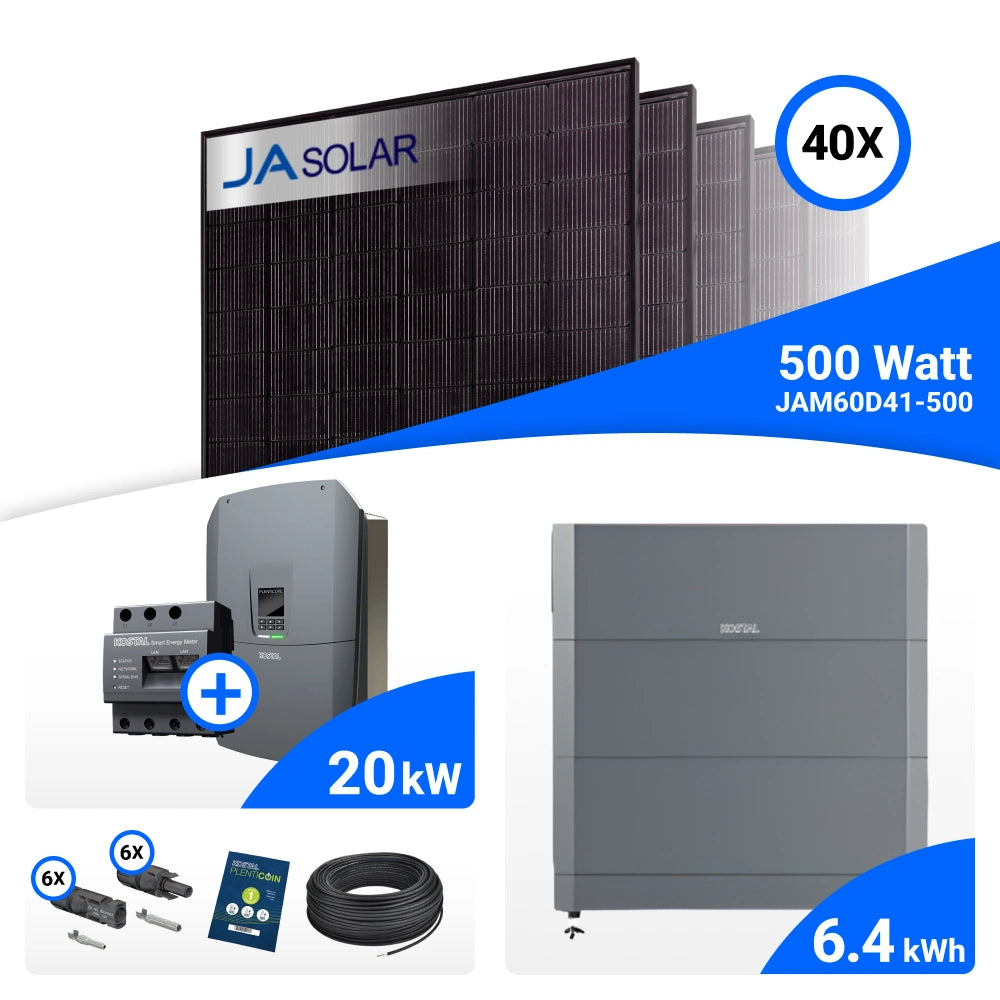 PV-Komplettset 20 kWp mit 40 JA Solar 500 W Full Black Modulen, Kostal Plenticore G3 L und Helivor HV Speicher mit 6,4 kWh
