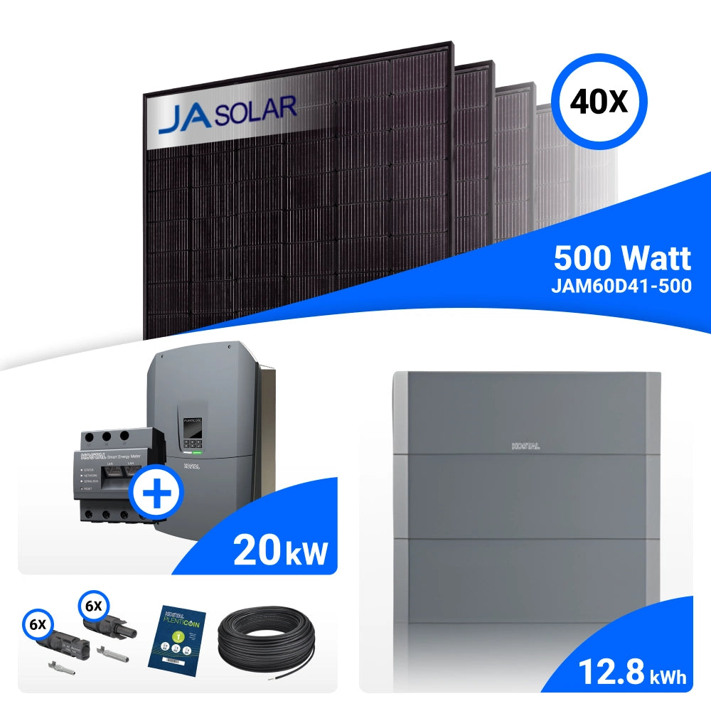 PV-Komplettset 20 kWp mit 40 JA Solar 500 W Full Black Modulen, Kostal Plenticore G3 L und Helivor HV Speicher mit 12,8 kWh
