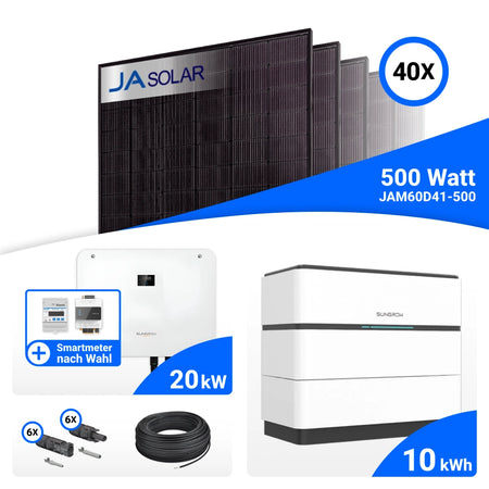 PV-Komplettset 20 kWp mit 40 JA Solar 500 W Full Black Modulen, Sungrow SH20T, Sungrow Smart Meter DTSU666-20 und Sungrow SBH100 Speicher