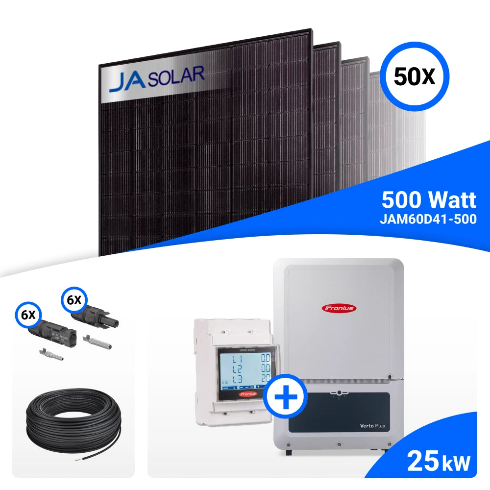 PV-Komplettset 25 kWp mit 50 JA Solar 500 W Full Black Modulen und Fronius Verto Plus 25.0, ohne Speicher