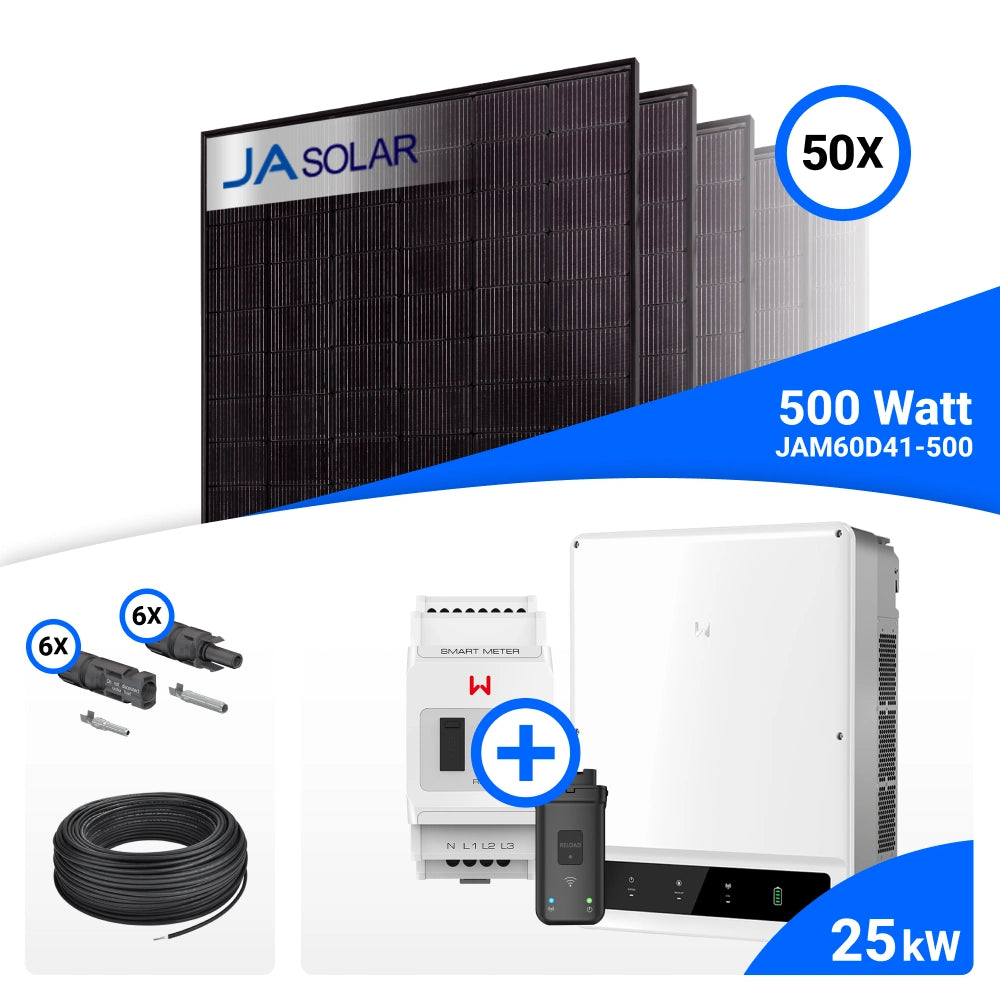 PV-Komplettset 25 kWp mit 50 JA Solar 500 W Full Black Modulen und GoodWe GW25K-ET, ohne Speicher