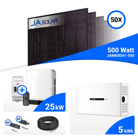 PV-Komplettset 25 kWp mit 50 JA Solar 500 W Full Black Modulen, GoodWe GW25K-ET und GoodWe Lynx D Speicher mit 5 kWh