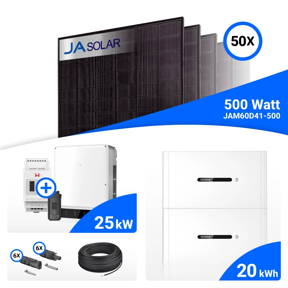 PV-Komplettset 25 kWp mit 50 JA Solar 500 W Full Black Modulen, GoodWe GW25K-ET und GoodWe Lynx D Speicher mit 20 kWh