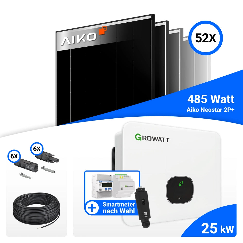 Alle Komponenten PV Komplettset 25 kWp mit AIKO 485W Black Frame und Growatt MID25KTL3-XH