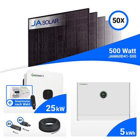 PV-Komplettset 25 kWp mit 50 JA Solar 500 W Full Black Modulen, Growatt MID25KTL3-XH, Growatt Smart Meter TPM-C und Growatt APX 5.0M-S3 Speicher