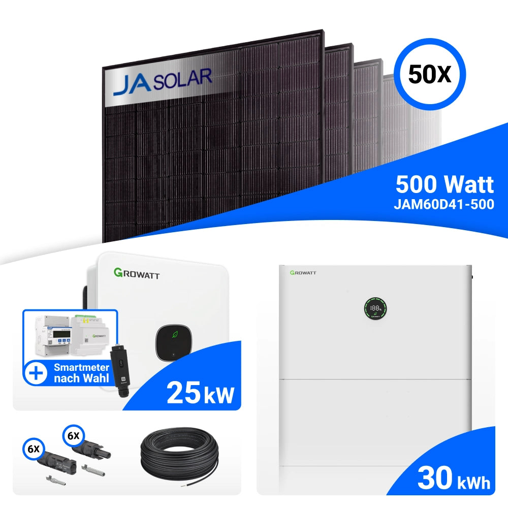 PV-Komplettset 25 kWp mit 50 JA Solar 500 W Full Black Modulen, Growatt MID25KTL3-XH, Growatt GroHomeManager-X und Growatt APX 30.0M-S3 Speicher