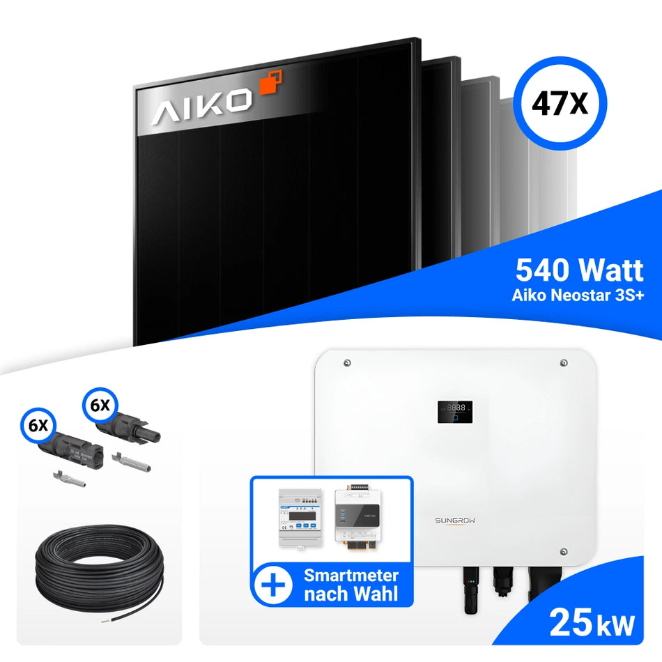 PV Komplettset 25 kWp – 47x AIKO 540W Full Black & Sungrow Hybrid SH25T mit Speicheroption