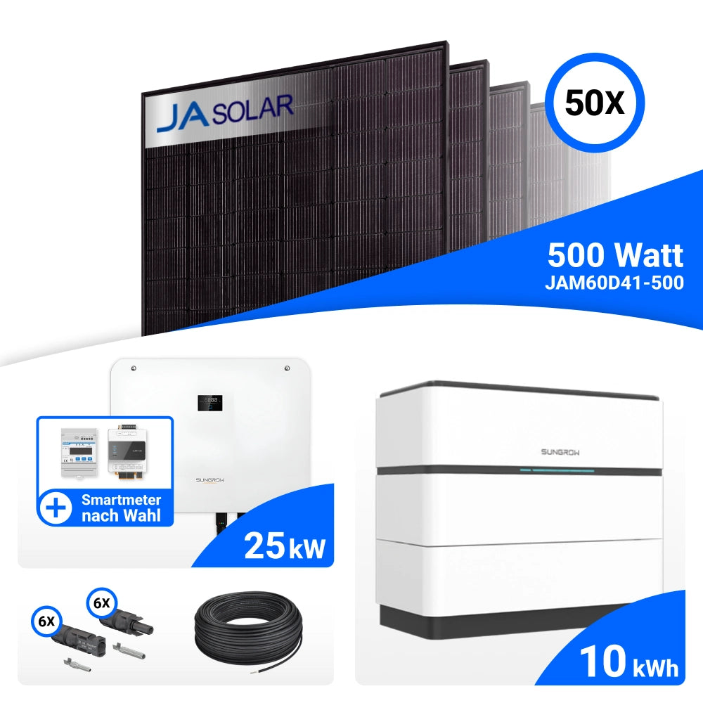 PV-Komplettset 25 kWp mit 50 JA Solar 500 W Full Black Modulen, Sungrow SH25T, Sungrow iHome Manager und Sungrow SBH100 Speicher