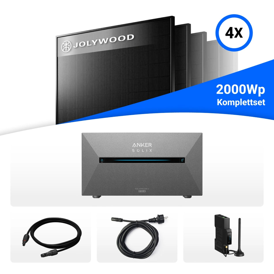 2000W Balkonkraftwerk mit Speicher - 4x Jolywood 500W JW-HD108N-R2 Bifazial Glas-Glas Full Black & Anker Solix Solarbank 2 Pro