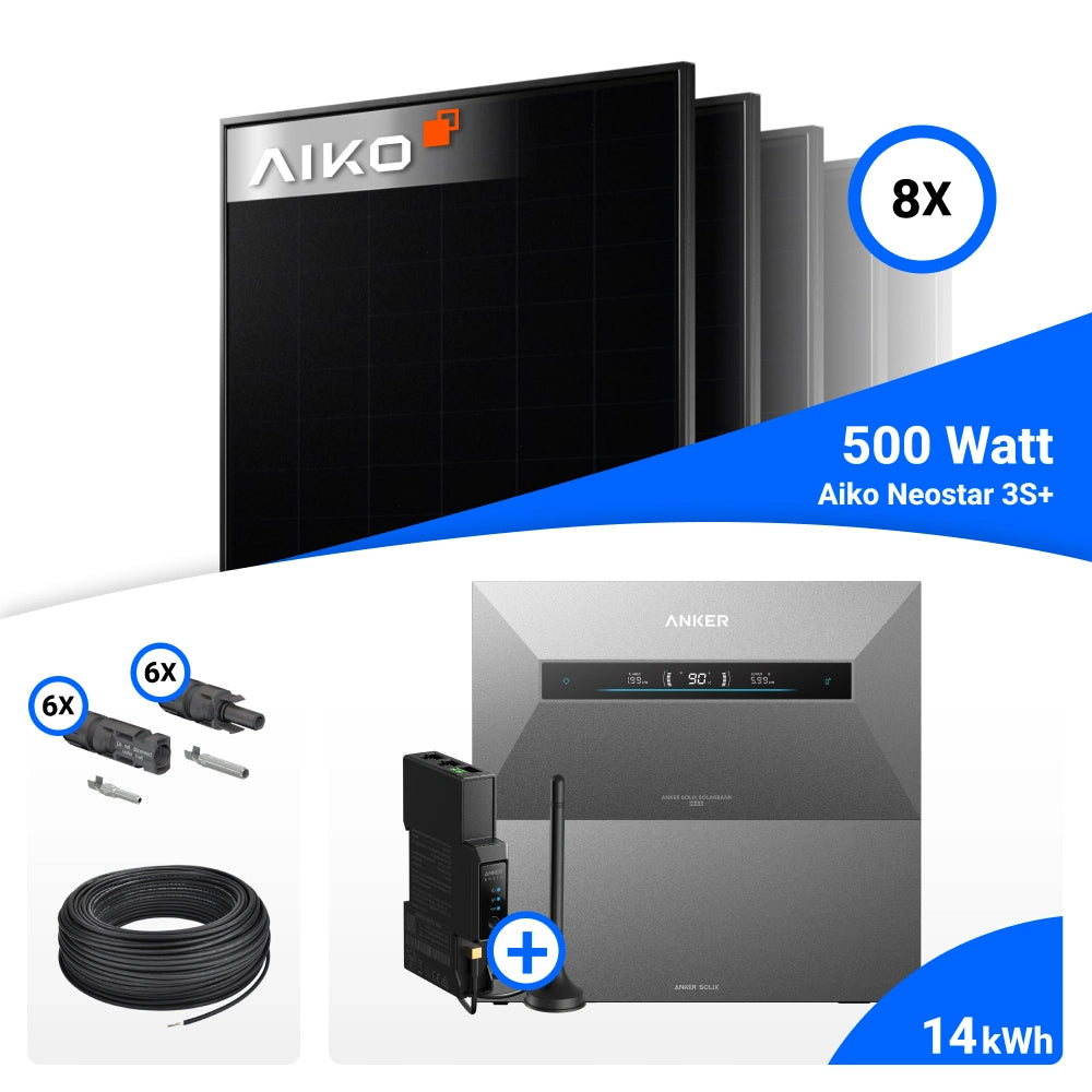 Blick auf den Lieferumfang des 4000W Solarkraftwerk mit Speicher - 8x AIKO 500W Full Black bifazial & Anker Solix Max AE111